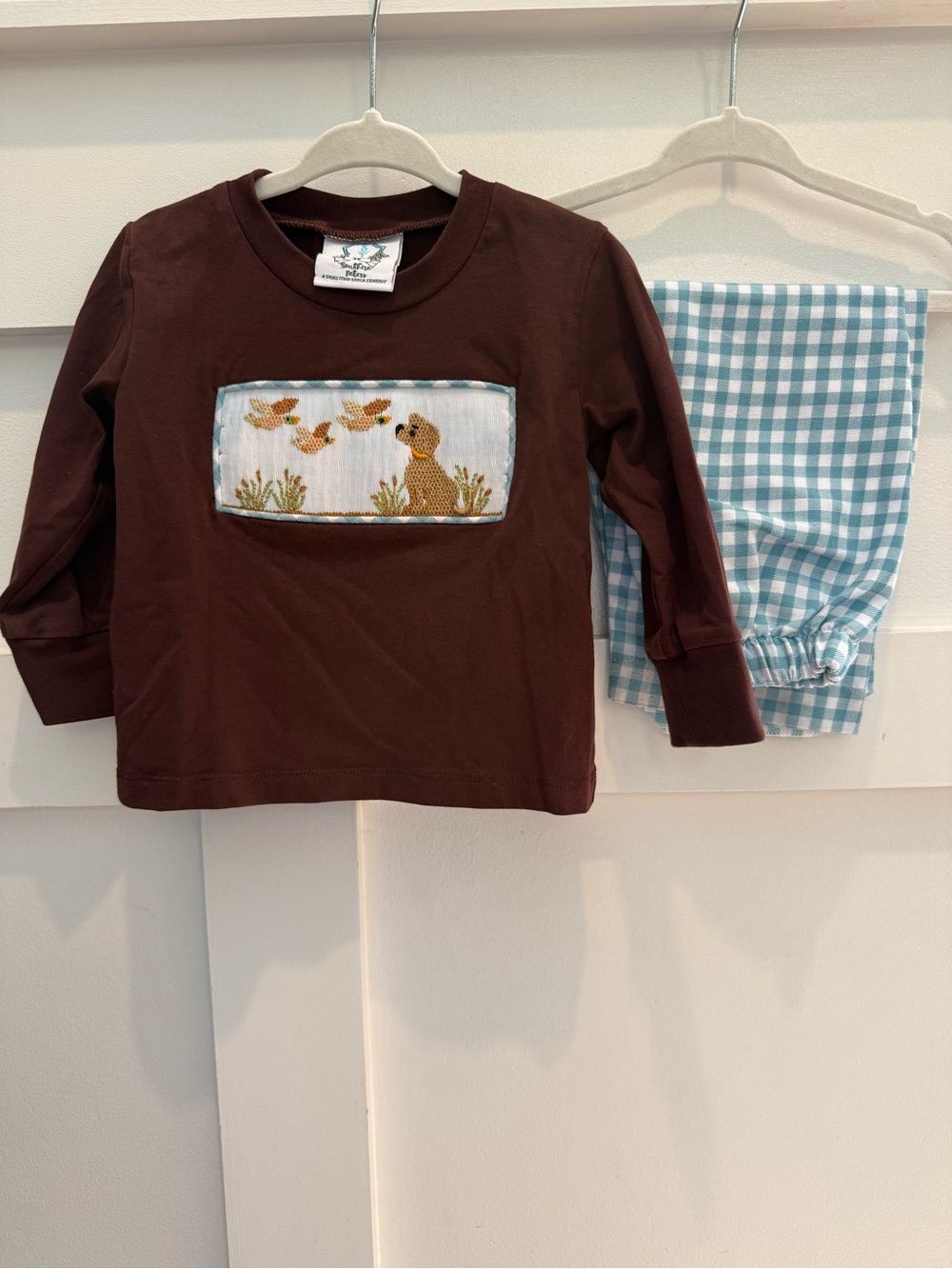 Brown Long-Sleeve Kids Top with Embroidered Puppy Panel